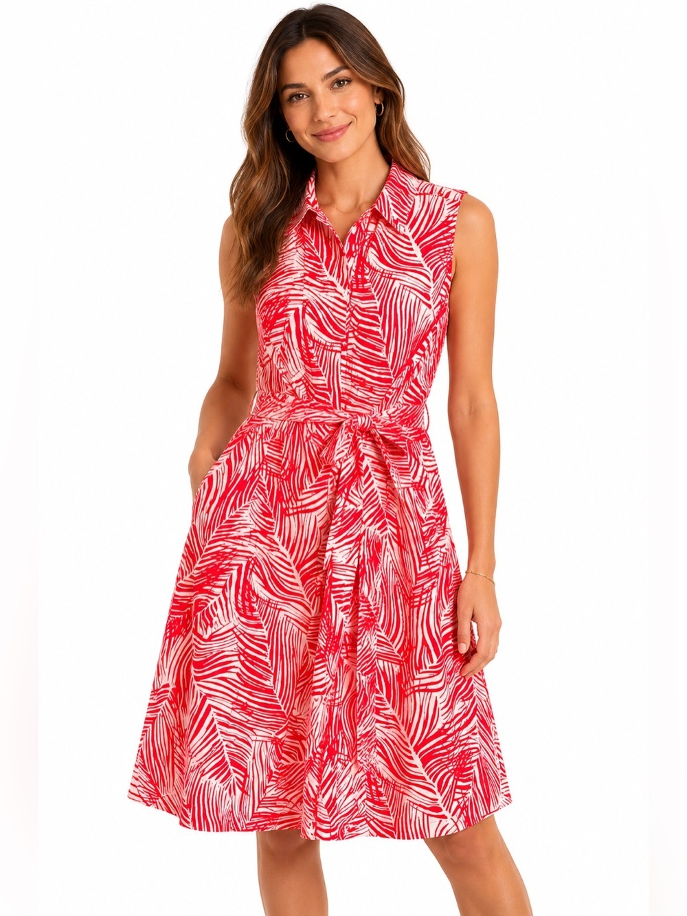 Talbots Women Size 2 Red White Print Sleeveless Shirt Dress Tie Waist Midi